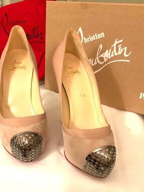 Christian Louboutin Nude Suede & Patent Leather Pumps With Metal Toe Cap Size 36
